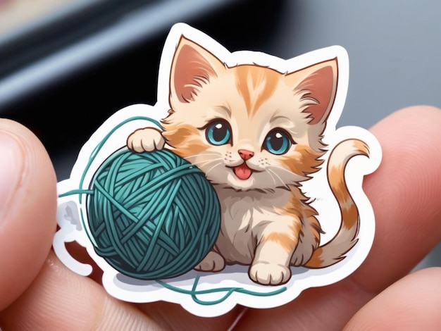 a sticker of a cute kitten playing with a ball