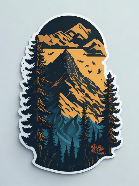 a sticker depicting a mountain and pine trees