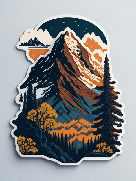 Foto un adesivo che raffigura una montagna e alberi di pino