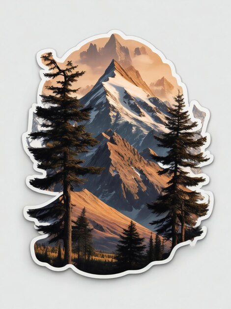 Foto un adesivo che raffigura una montagna e alberi di pino