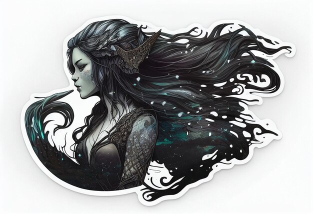 Sticker depicting a mystical mermaid in a dark color on a white background AI Generated