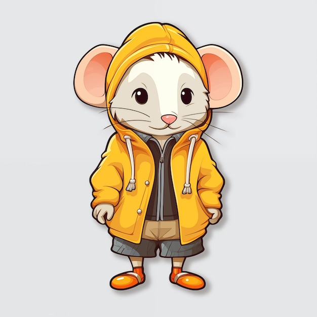 A sticker design Cute funny little smiling rat wearing down jacket