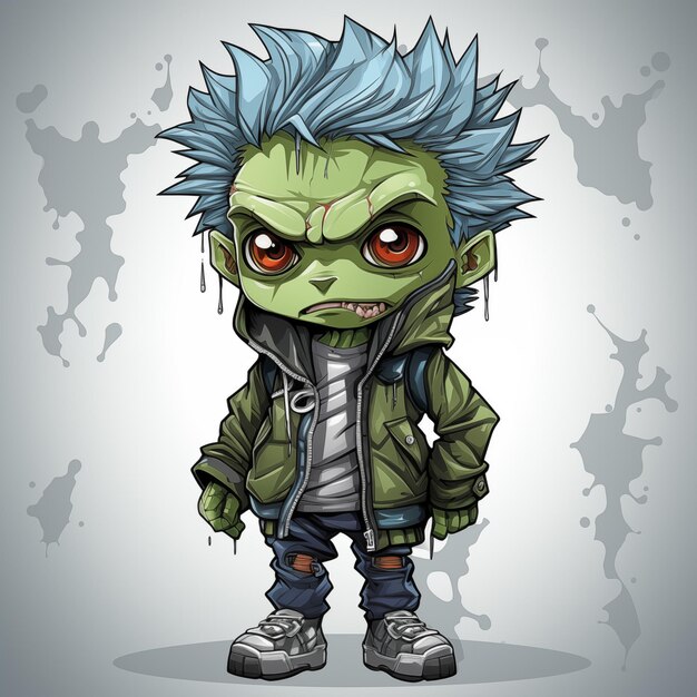 Sticker design of cute funny zombie wearing in old torn down jacket at style cyberpunk