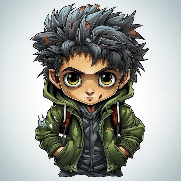 Sticker design of cute funny zombie wearing in old torn down jacket at style cyberpunk