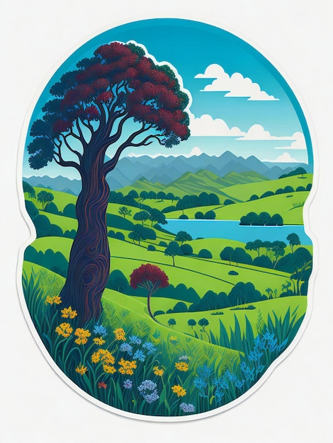 A sticker design depicting a serene natural landscape with a vibrant tree colorful flowers