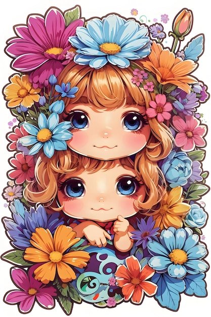 Sticker Design For Gilrs with groovy flowers cute eyes