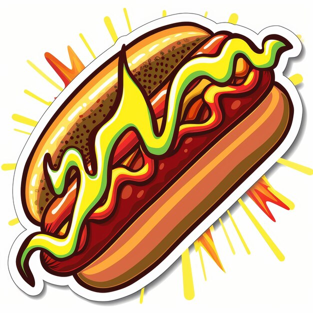 Photo sticker design of hot dog with ketchup and mustard isolated illustration