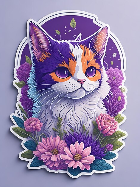 Sticker a detailed illustration a print of vivid cute cat fantasy flowers splash aigenerated