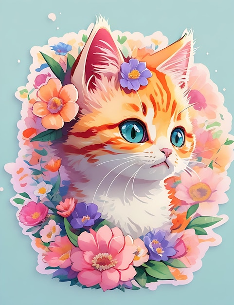 STICKER A detailed illustration a print of vivid cute kitten head fantasy flowers T shirt Design