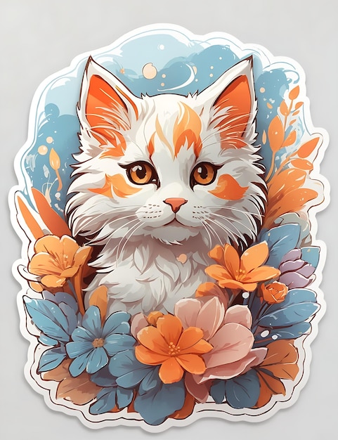 STICKER A detailed illustration a print of vivid cute kitten head fantasy flowers T shirt Design