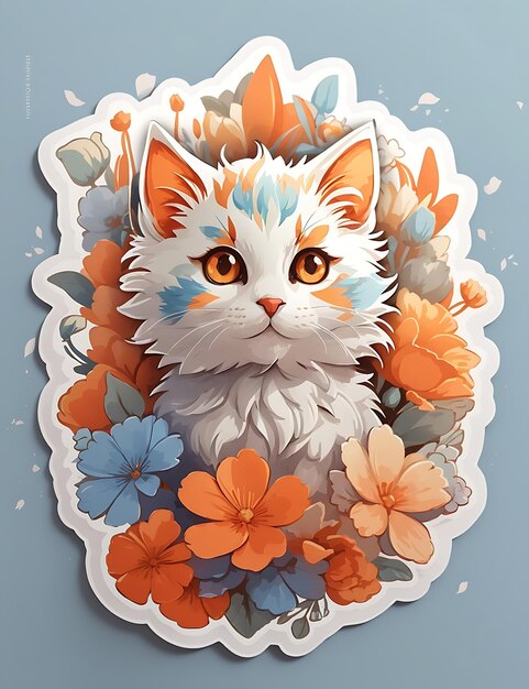 STICKER A detailed illustration a print of vivid cute kitten head fantasy flowers T shirt Design