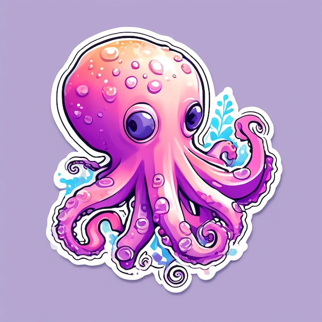 Sticker A Detailed Illustration A Print Of Vivid Cute Octopus Head Fantasy Flowers Splash Vintage