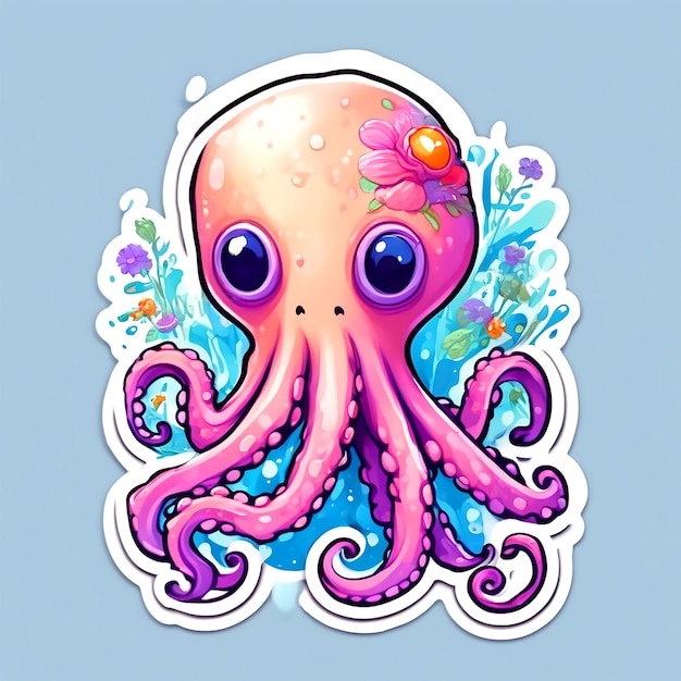 Sticker A Detailed Illustration A Print Of Vivid Cute Octopus Head Fantasy Flowers Splash Vintage