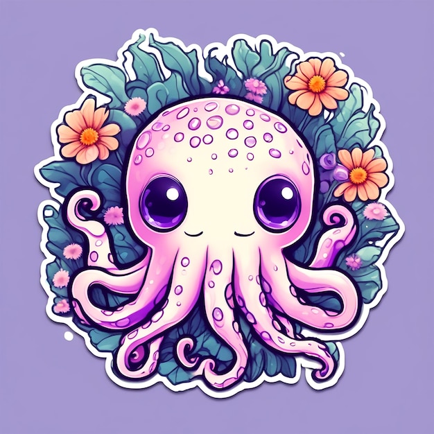 Sticker A Detailed Illustration A Print Of Vivid Cute Octopus Head Fantasy Flowers Splash Vintage