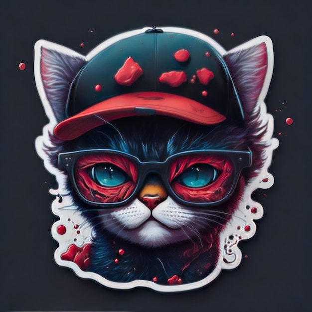 STICKER A detailed illustration a print of vivid winking kitty with glasses