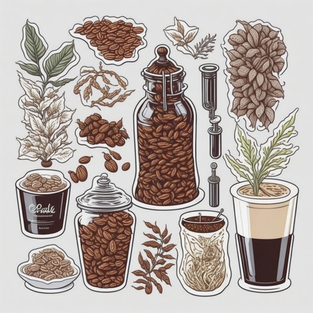 Sticker Different types of Vietnamese Coffee coffee beans traditional line art drawing