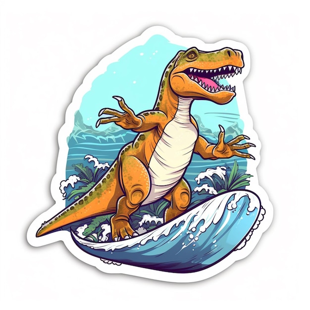 A sticker of a dinosaur surfing on a wave.