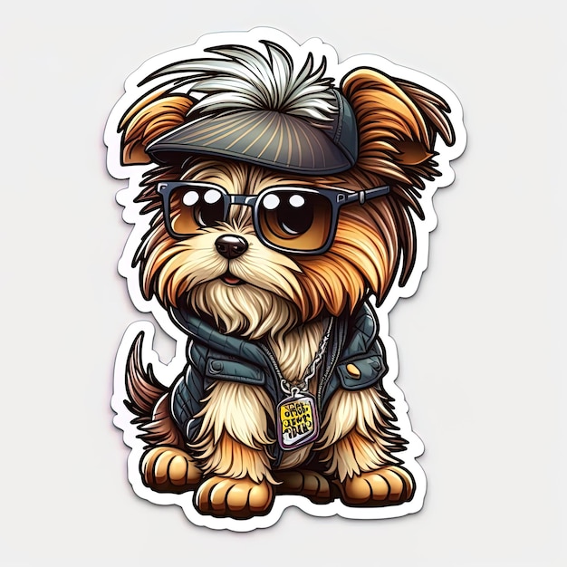 A sticker of a dog wearing a hat and sunglasses.