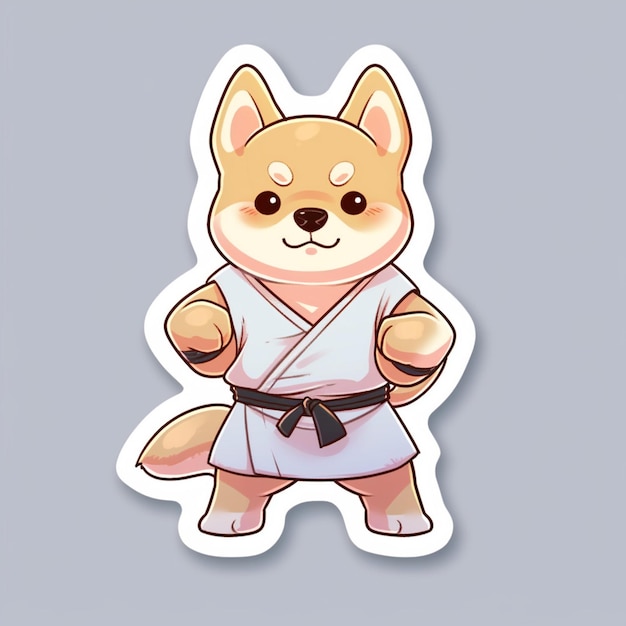 A sticker of a dog wearing a karate outfit.