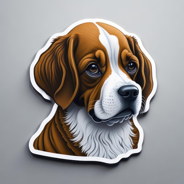 A sticker of a dog with a brown and white face and black eyes