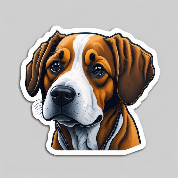 A sticker of a dog with a brown and white face and a black nose.