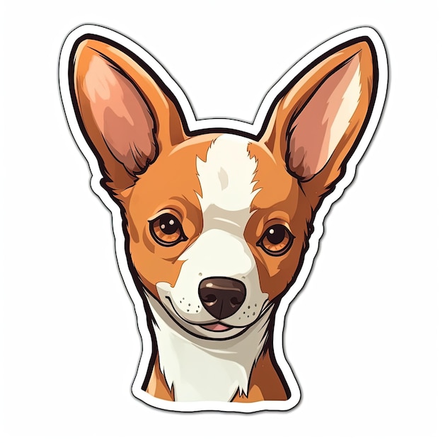 A sticker of a dog with a brown and white face and a black nose.