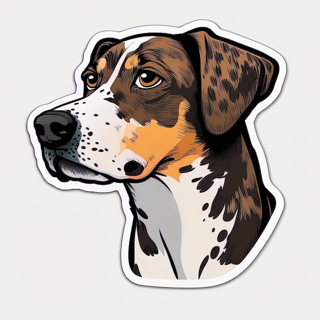 A sticker of a dog with a brown and white face and black spots.