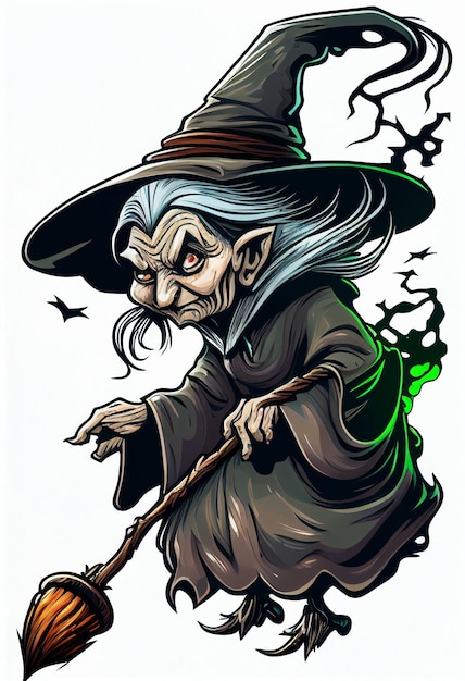 Sticker of an evil old witch with a broom in animation style on a white background AI Generated