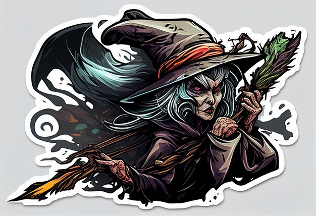 Sticker of an evil old witch with a broom in animation style on a white background AI Generated