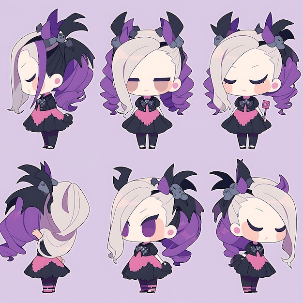 Sticker of female bat chibi kawaii gothic fashion concept black and pur concept art game asset