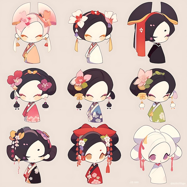 Photo sticker of female chibi kawaii japanese maiko elaborate kimono kanzashi concept art game asset