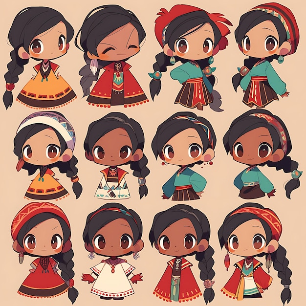 Sticker of Female Chibi Kawaii Native American Pueblo Earthy Tones Turq Concept Art Game Asset