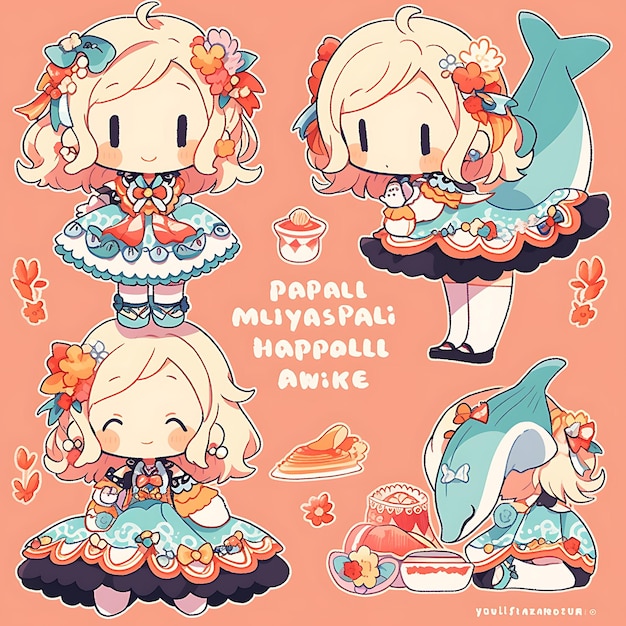 Sticker of female dolphin chibi kawaii hawaiian fashion concept vibrant concept art game asset