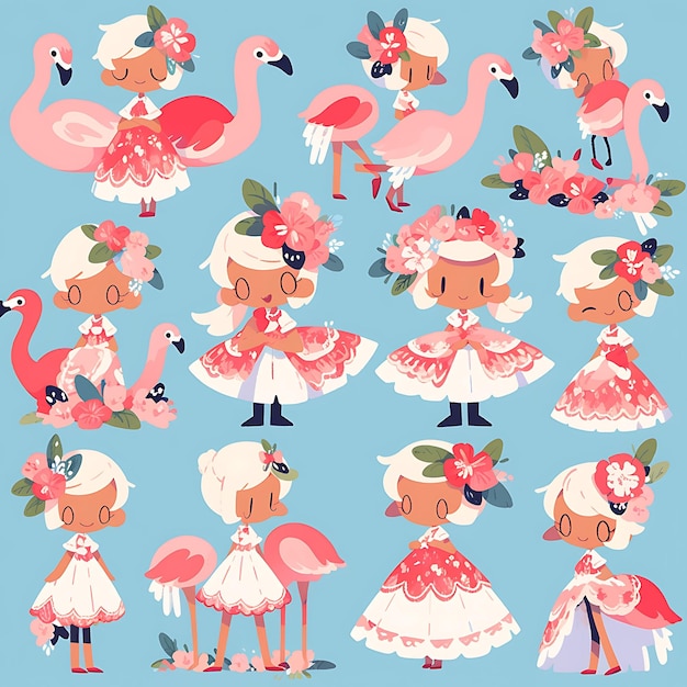 Photo sticker of female flamingo chibi kawaii caribbean fashion concept tropi concept art game asset