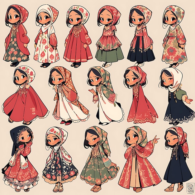 Sticker of female indonesian chibi kawaii kebaya fashion batik patterns concept art game asset