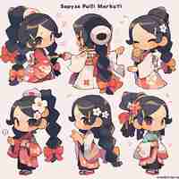 Photo sticker of female korean traditional musician chibi kawaii hanbok fashi concept art game asset