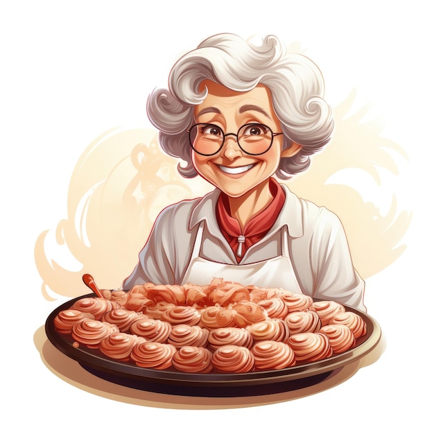 A sticker of a friendly old lady baking pastry