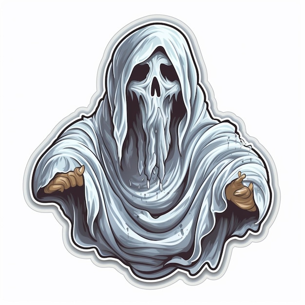 A sticker of a ghost with a skull on it.