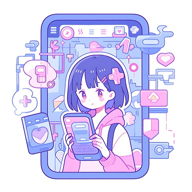 Photo a sticker of a girl browsing social media on creative design bold line cute kawaii style