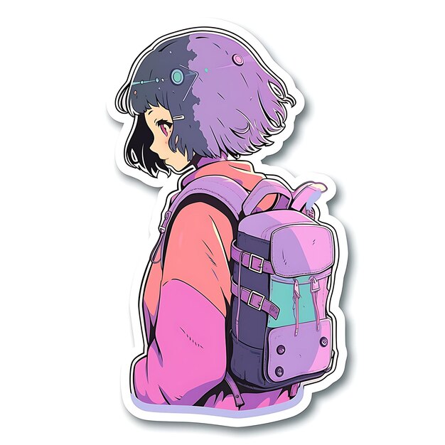 Photo a sticker of a girl using a smart backpack a creative design bold line cute kawaii style