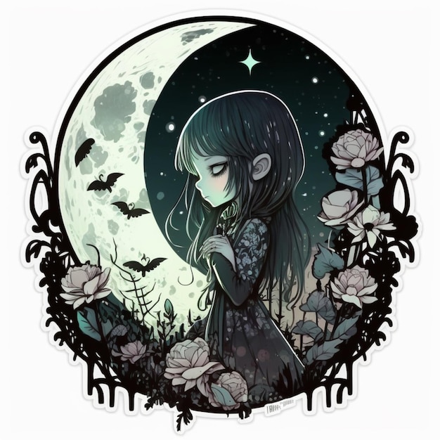 A sticker of a girl with the moon in the background.