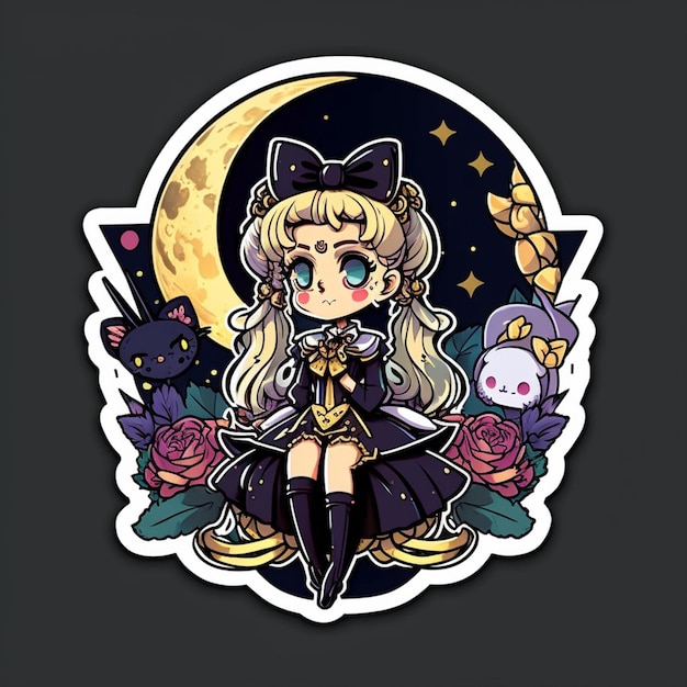A sticker of a girl with a moon and a cat on it.
