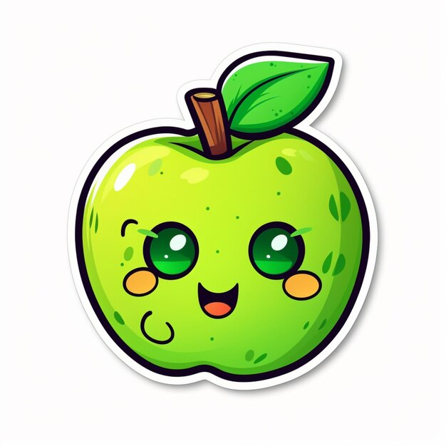 A sticker of a green apple with a cute face.