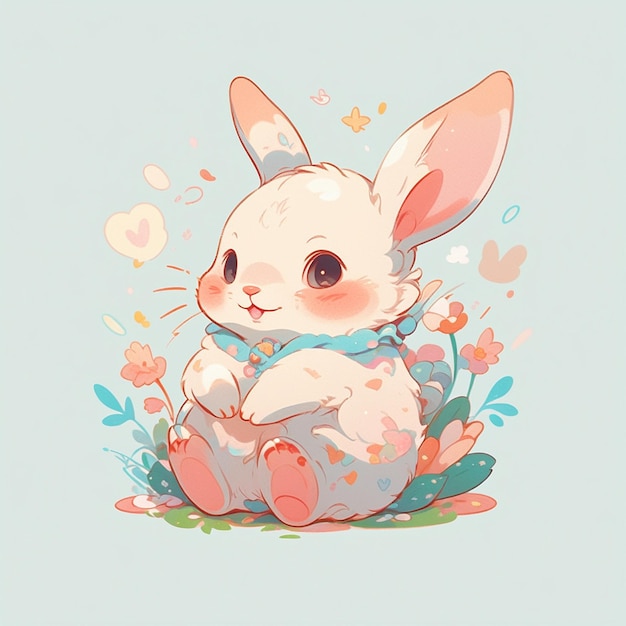 Photo sticker happy baby rabbit kawaii style contour vector white background