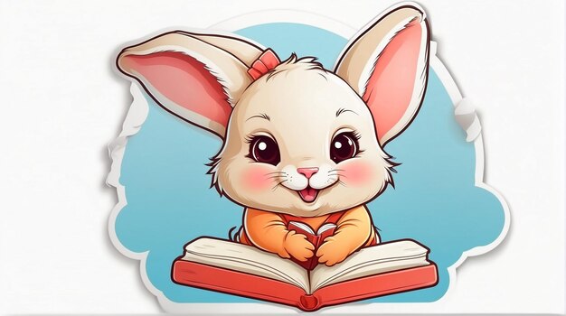 Photo sticker happy baby rabbit with book kawaii style contour