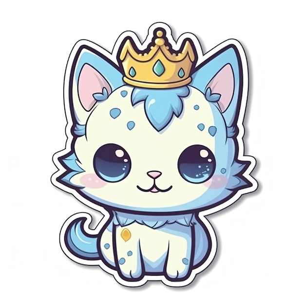 Sticker happy blue eyed colorful kitten wearing crown kawaii contour white background generat ai