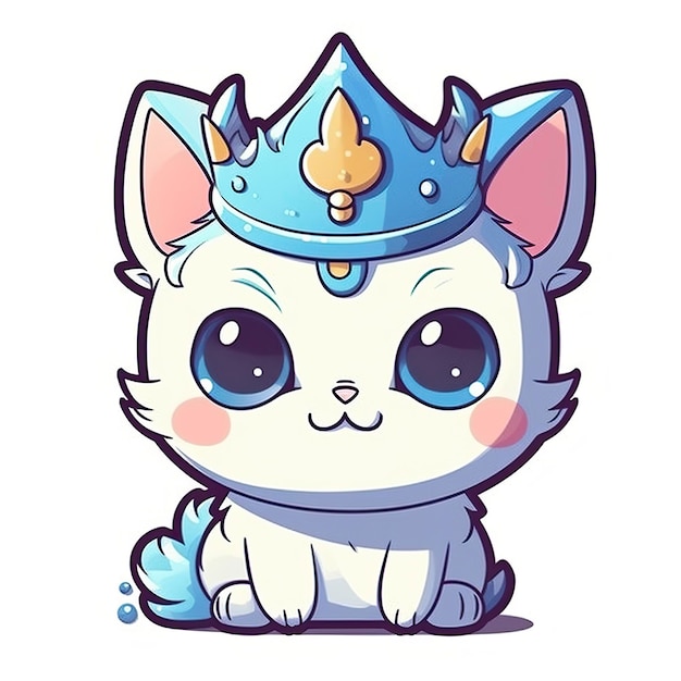 Sticker happy blue eyed colorful kitten wearing crown kawaii contour white background generat ai