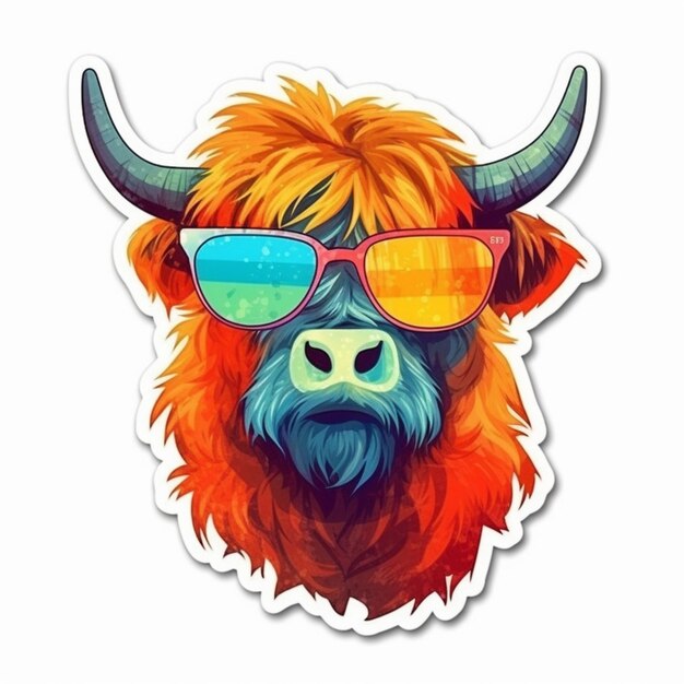 A sticker of a highland cow wearing sunglasses and a rainbow colored head.