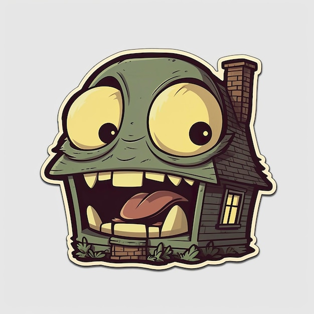 A sticker of a house with a big monster on it