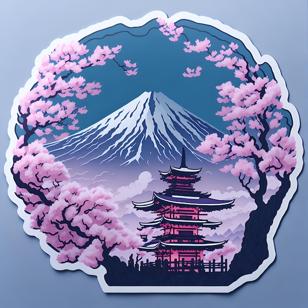 A sticker of a japanese mountain with pink flowers and a tower with a mountain in the background.